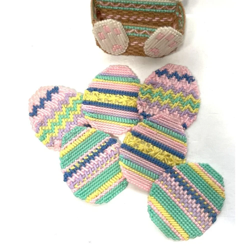Vintage Easter Bunny Coaster Set With 6 Cross-Stitch Coasters